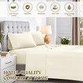 Cream cotton blend sheet set graphic highlighting soft texture, durability, breathability, easy care, and long lasting color.