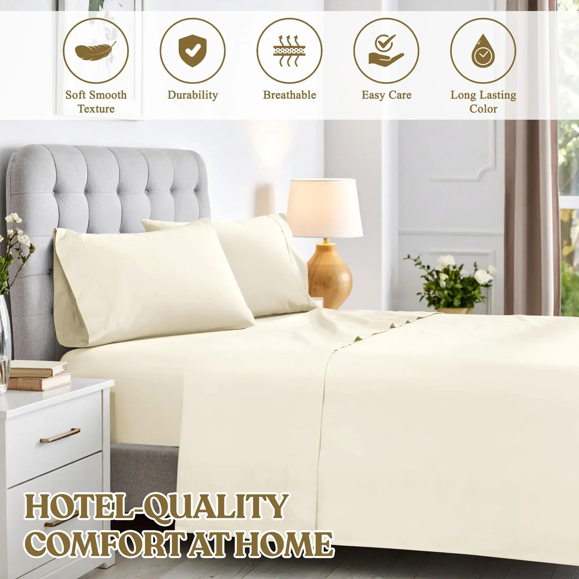 Cream cotton blend sheet set graphic highlighting soft texture, durability, breathability, easy care, and long lasting color.