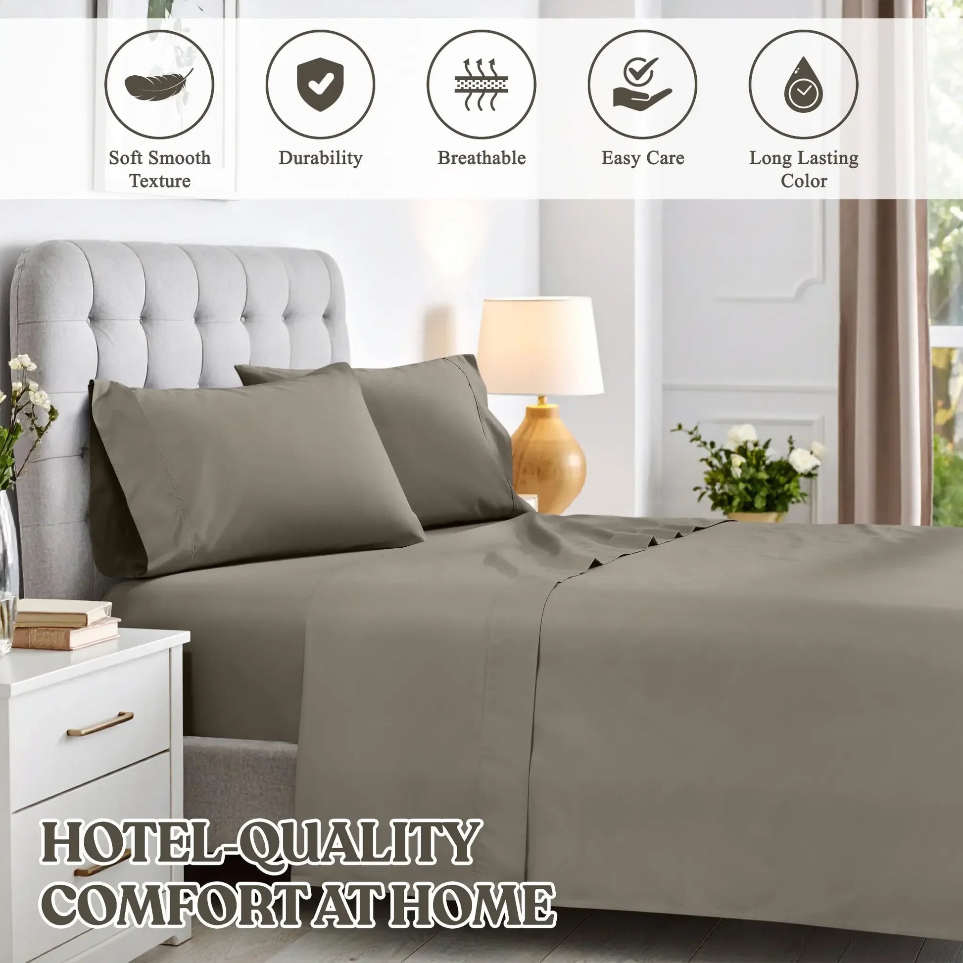 Dark grey cotton blend sheet set graphic highlighting soft texture, durability, breathability, easy care, and long lasting color