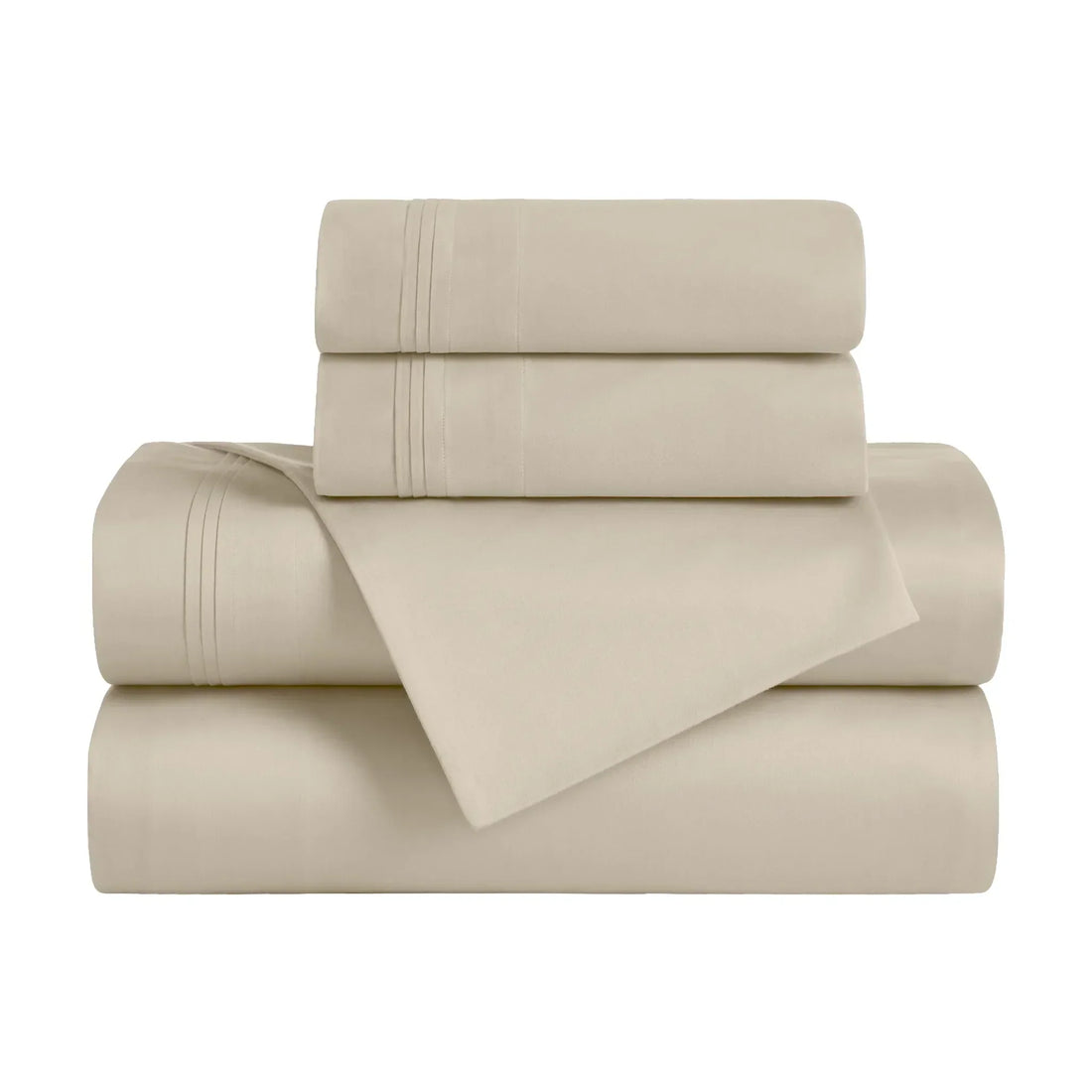 Ivory 650 thread count Egyptian cotton sateen sheets arranged on a modern bed with coordinating pillows