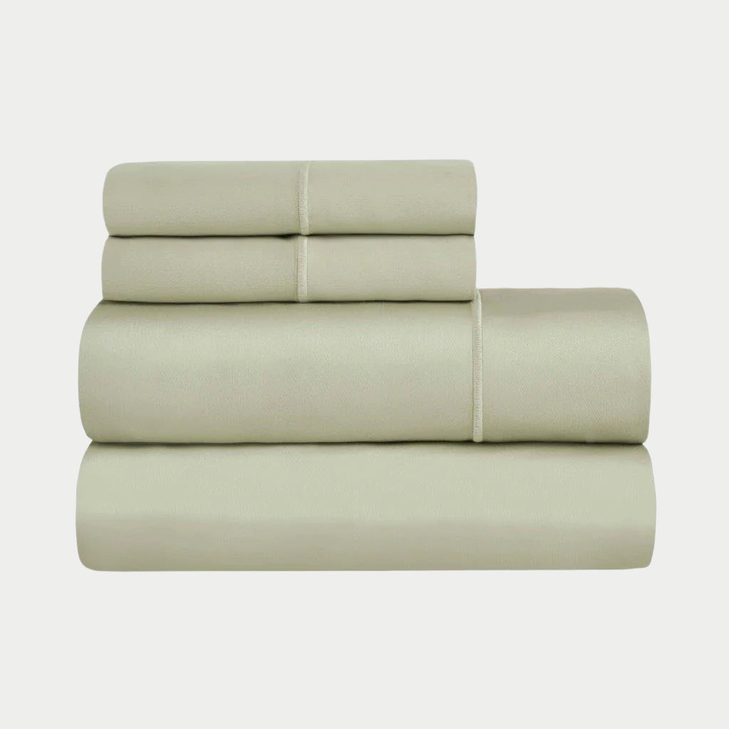 Folded Sage Green 1500 Thread Count Egyptian Cotton Sheets Set product package stack.