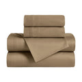 Folded Taupe 650 thread count Egyptian cotton sateen sheet set with sheets and matching pillowcases.