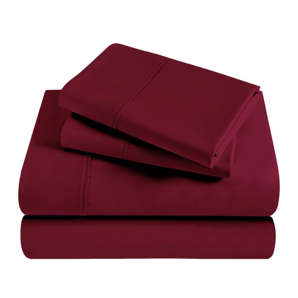 Folded burgundy 300 Thread Count Modal Sheets Set made from beechwood product package stack