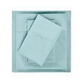 Folded components of a light blue deep pocket sheet set including flat sheet, fitted sheet, and pillowcases