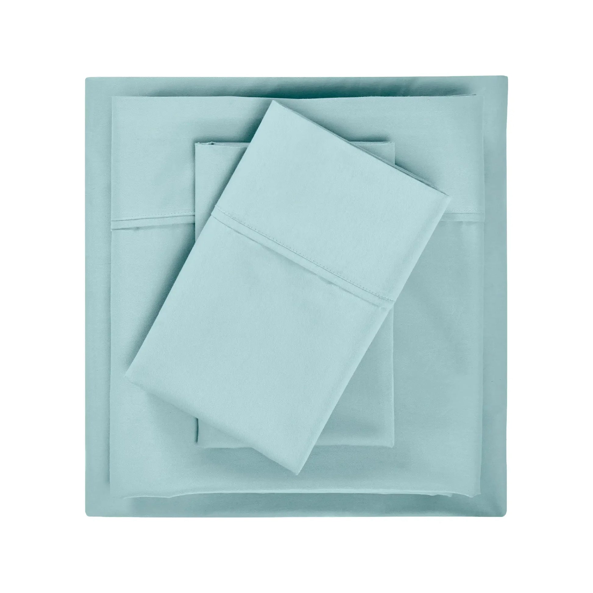 Folded components of a light blue deep pocket sheet set including flat sheet, fitted sheet, and pillowcases