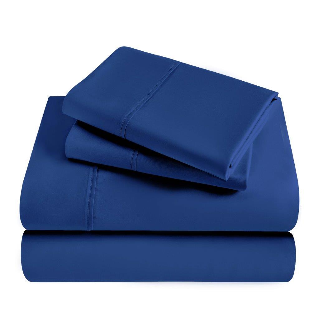 Folded navy blue 300 Thread Count Modal Sheets Set made from beechwood product package stack