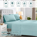Full view of light blue bed sheets on a bed with feature icons at the top and text reading Hotel Quality Comfort at Home