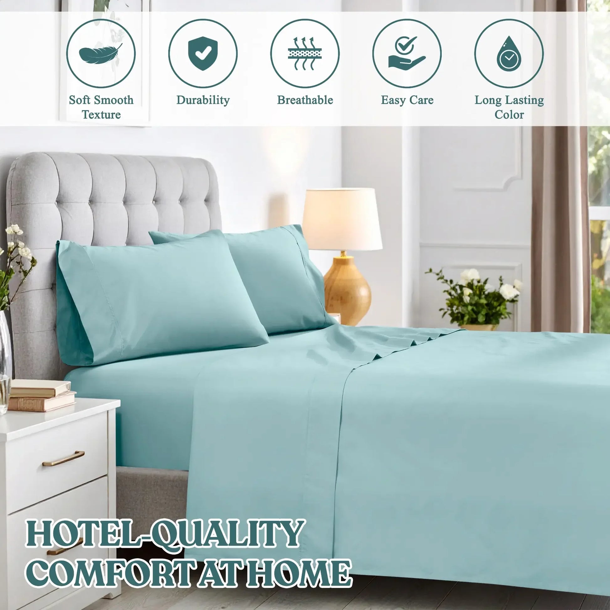 Full view of light blue bed sheets on a bed with feature icons at the top and text reading Hotel Quality Comfort at Home