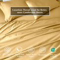 Gold Yellow Egyptian Cotton Sateen Sheet Set infographic showing product benefits and Oeko-Tex certification