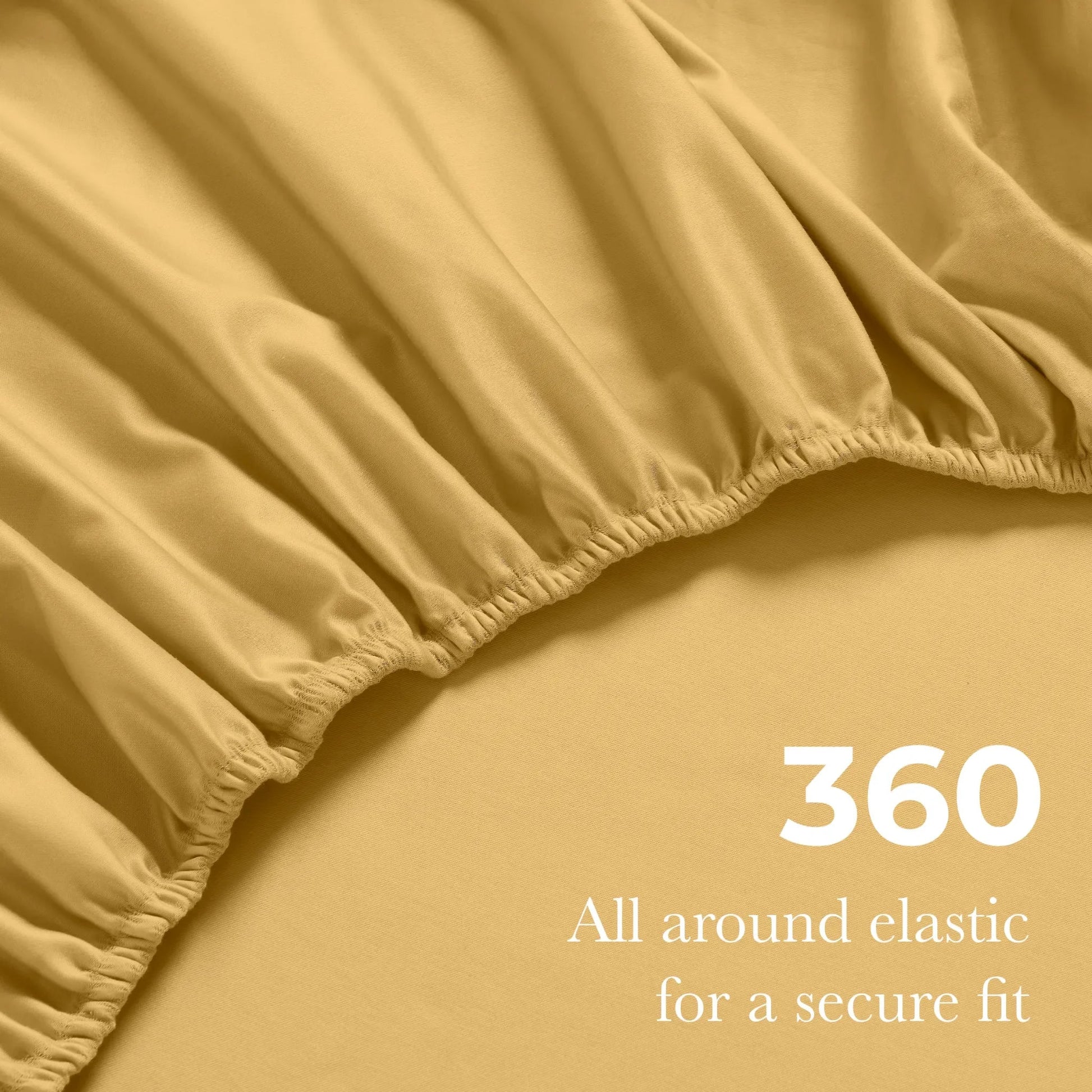 Gold yellow Egyptian Cotton fitted sheet showing 360-degree all-around elastic feature