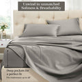 Gray 1500 Thread Count Egyptian Cotton Sheets Set feature graphic highlighting softness, breathability, and deep pocket mattress fit up to 18 inches.