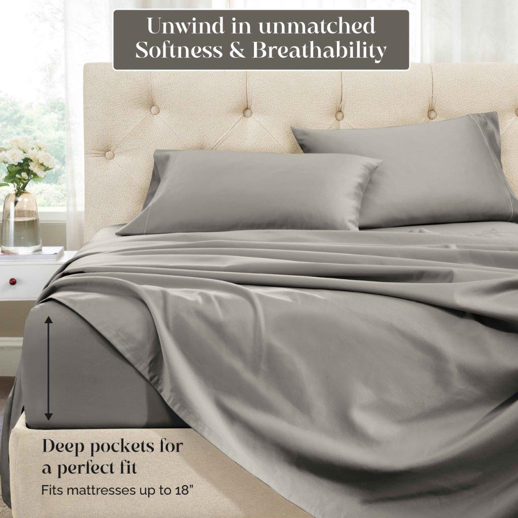 Gray 1500 Thread Count Egyptian Cotton Sheets Set feature graphic highlighting softness, breathability, and deep pocket mattress fit up to 18 inches.