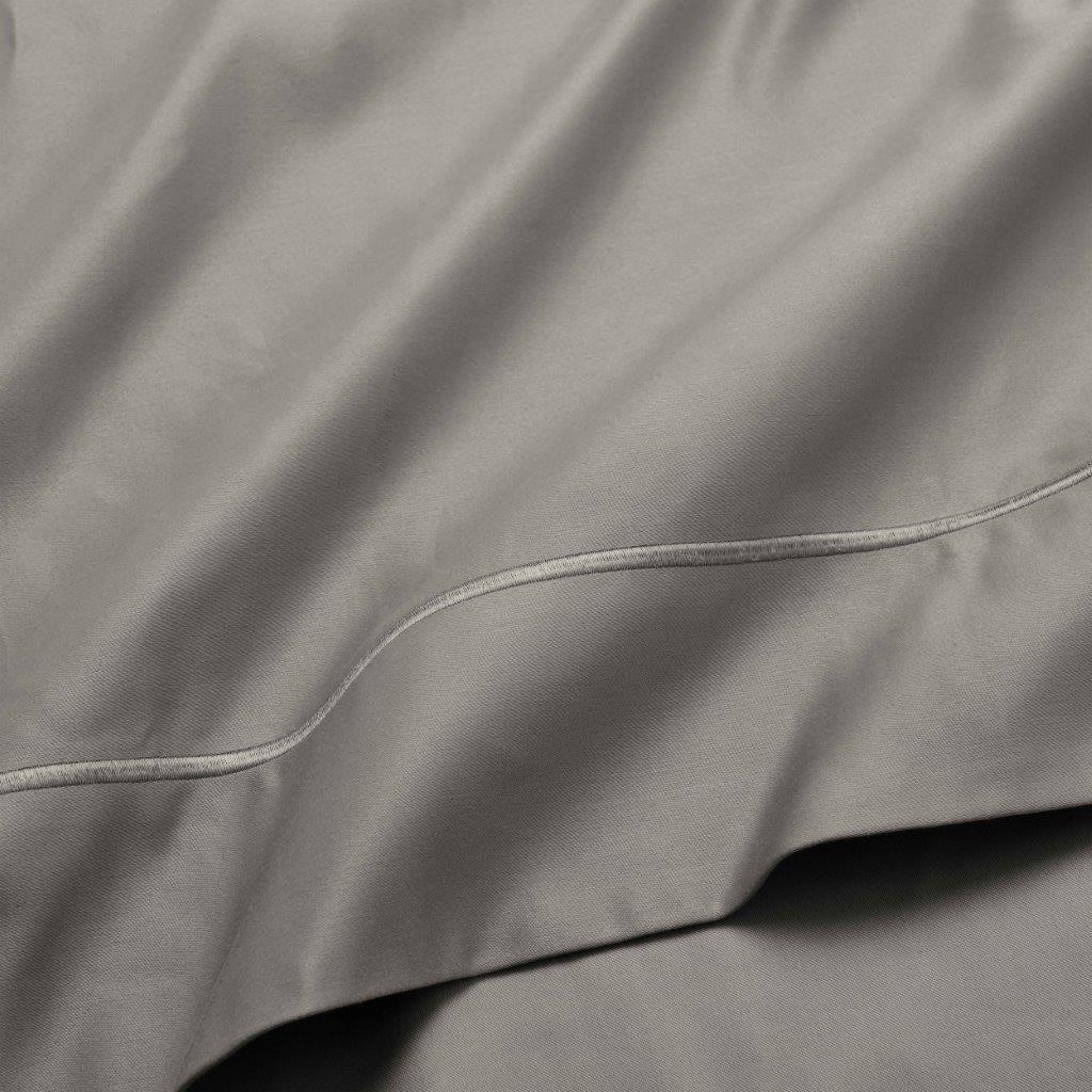 Gray 1500 Thread Count Egyptian Cotton Sheets hotel quality embroidered hemline stitch close-up.