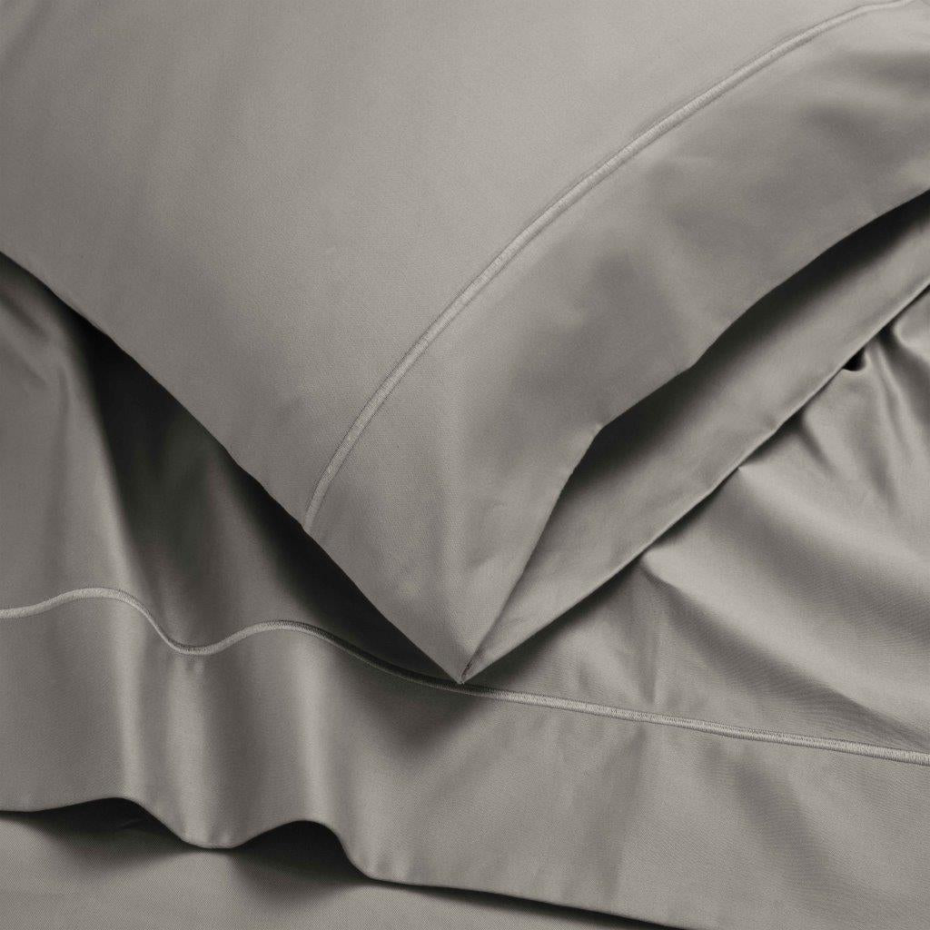 Gray 1500 Thread Count Egyptian Cotton bedding set pillowcase border and fabric drape detail.