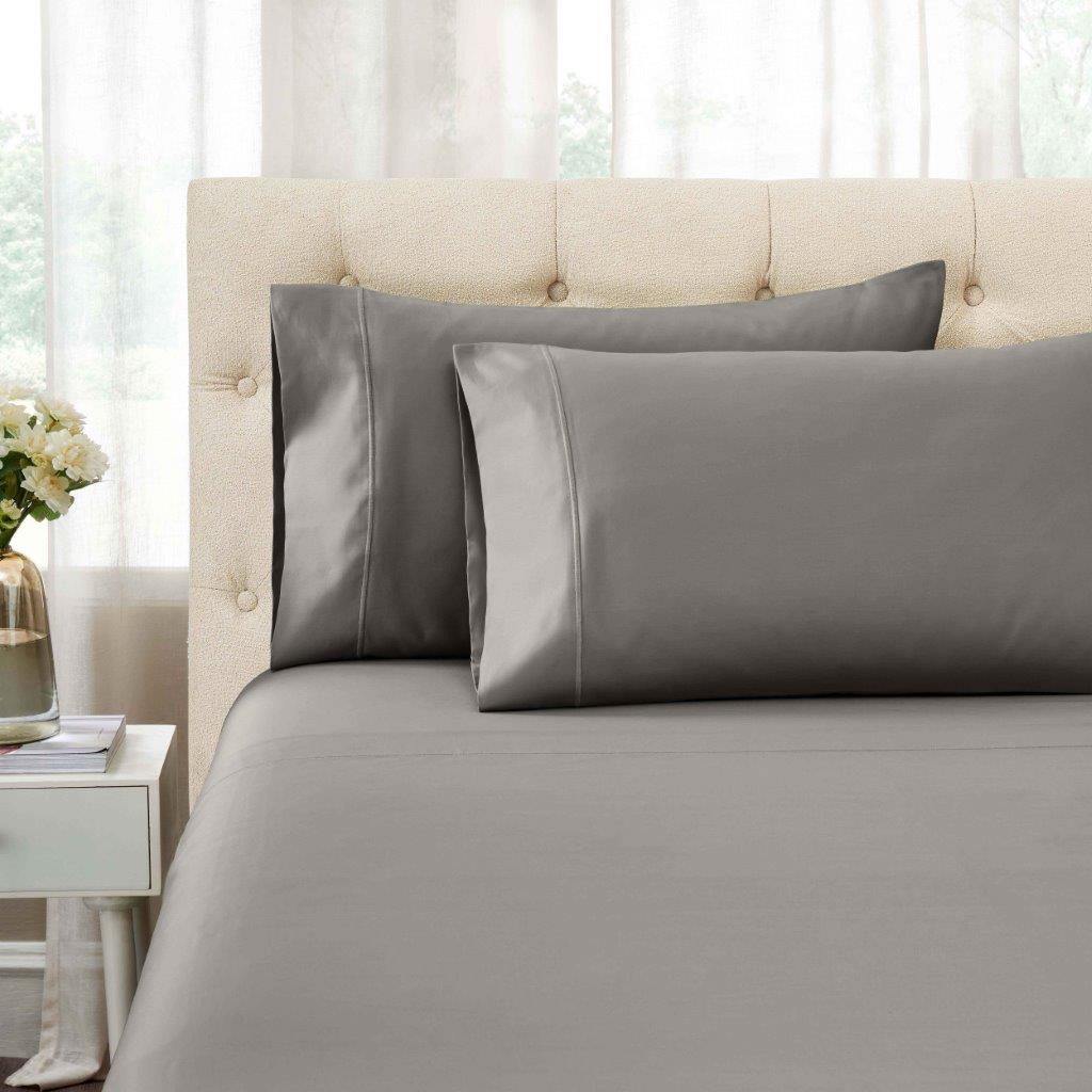 Gray 1500 Thread Count Egyptian Cotton pillowcases and matching sheet set detail close-up.