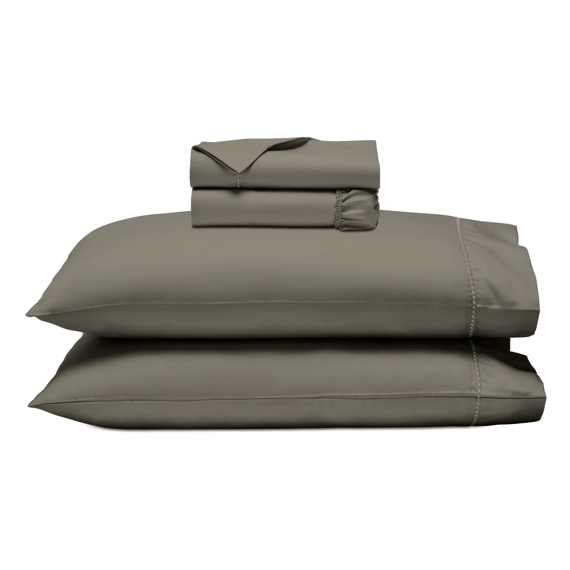 Gray 600 Thread Count Cotton Blend Bed Sheet Set Imperia embroidered hem product layout stack.