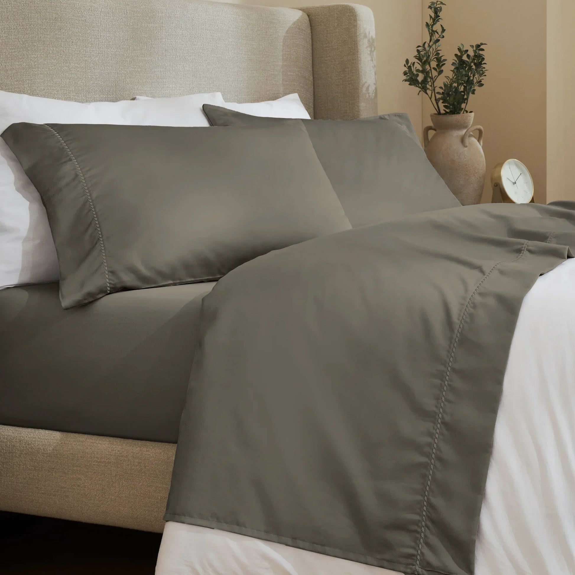 Gray 600 Thread Count Cotton Blend Bed Sheet Set with Imperia embroidered hem details on a luxury lifestyle bed display.