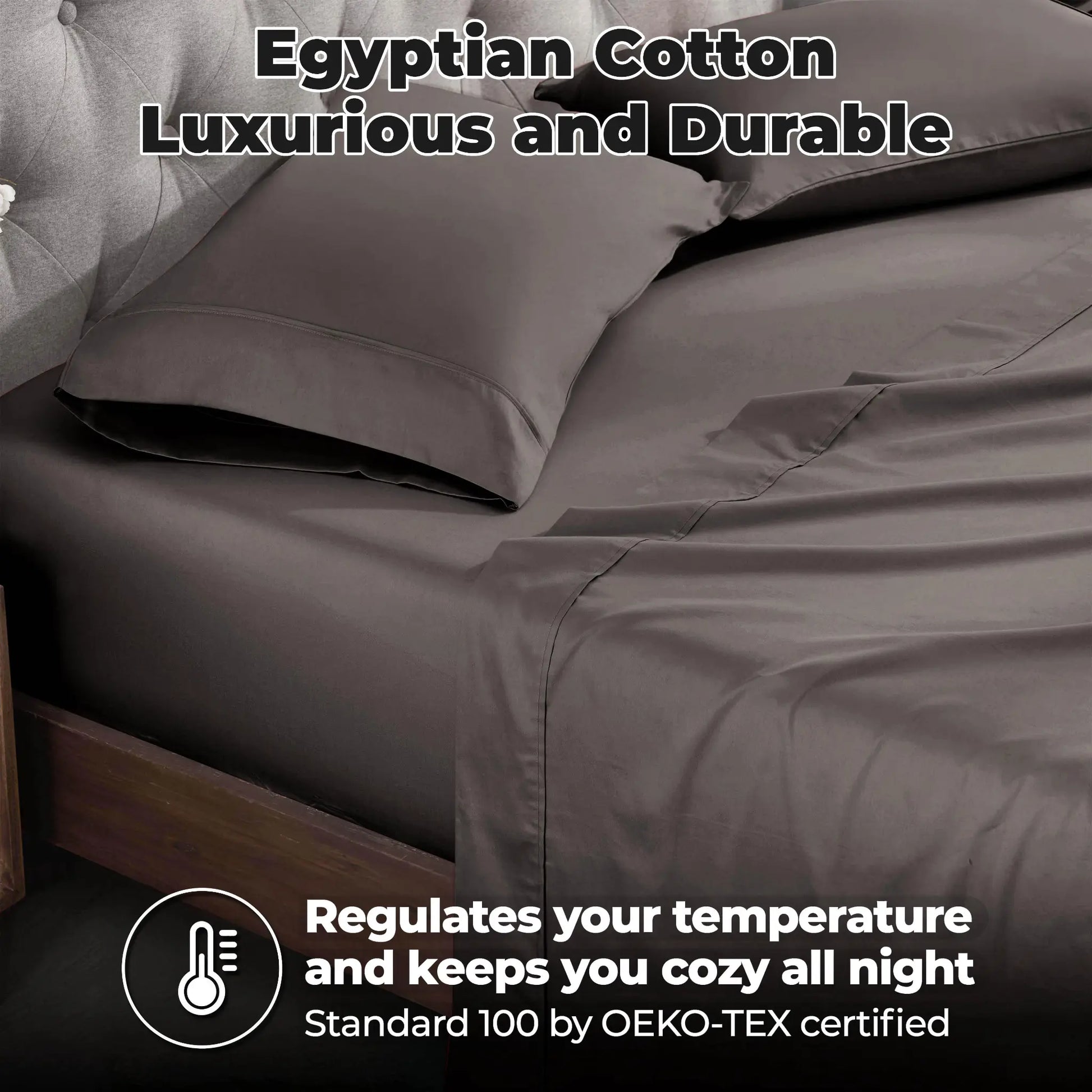 Gray 700 Thread Count Egyptian Cotton Sateen Bed Sheet Set promotional lifestyle image with features
