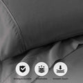 Gray 800 Thread Count Cotton Blend Bed Sheet Set infographic highlighting strong, durable, breathable, and smooth touch features.