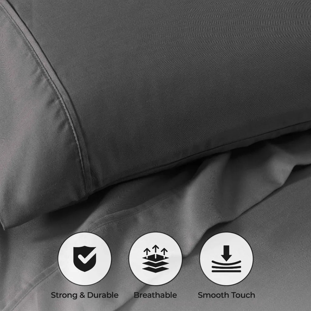 Gray 800 Thread Count Cotton Blend Bed Sheet Set infographic highlighting strong, durable, breathable, and smooth touch features.