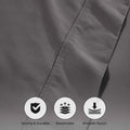 Gray fabric with icons and text indicating strength, breathability, and smooth touch on a gray background.
