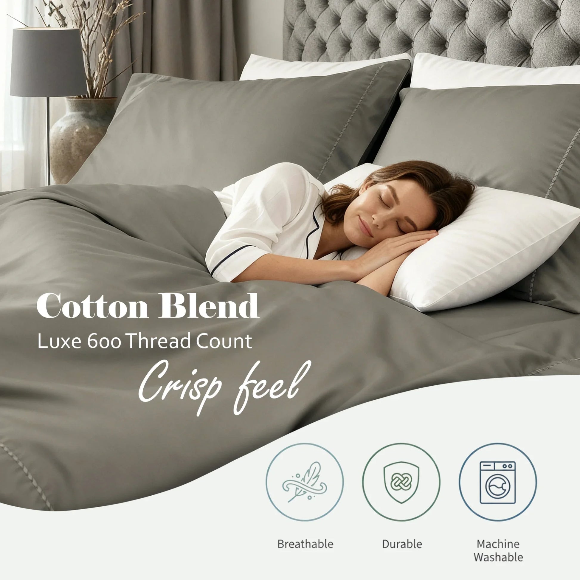 Gray luxe 600 thread count cotton blend sheet set feature graphic highlighting breathability, durability, and machine washability.