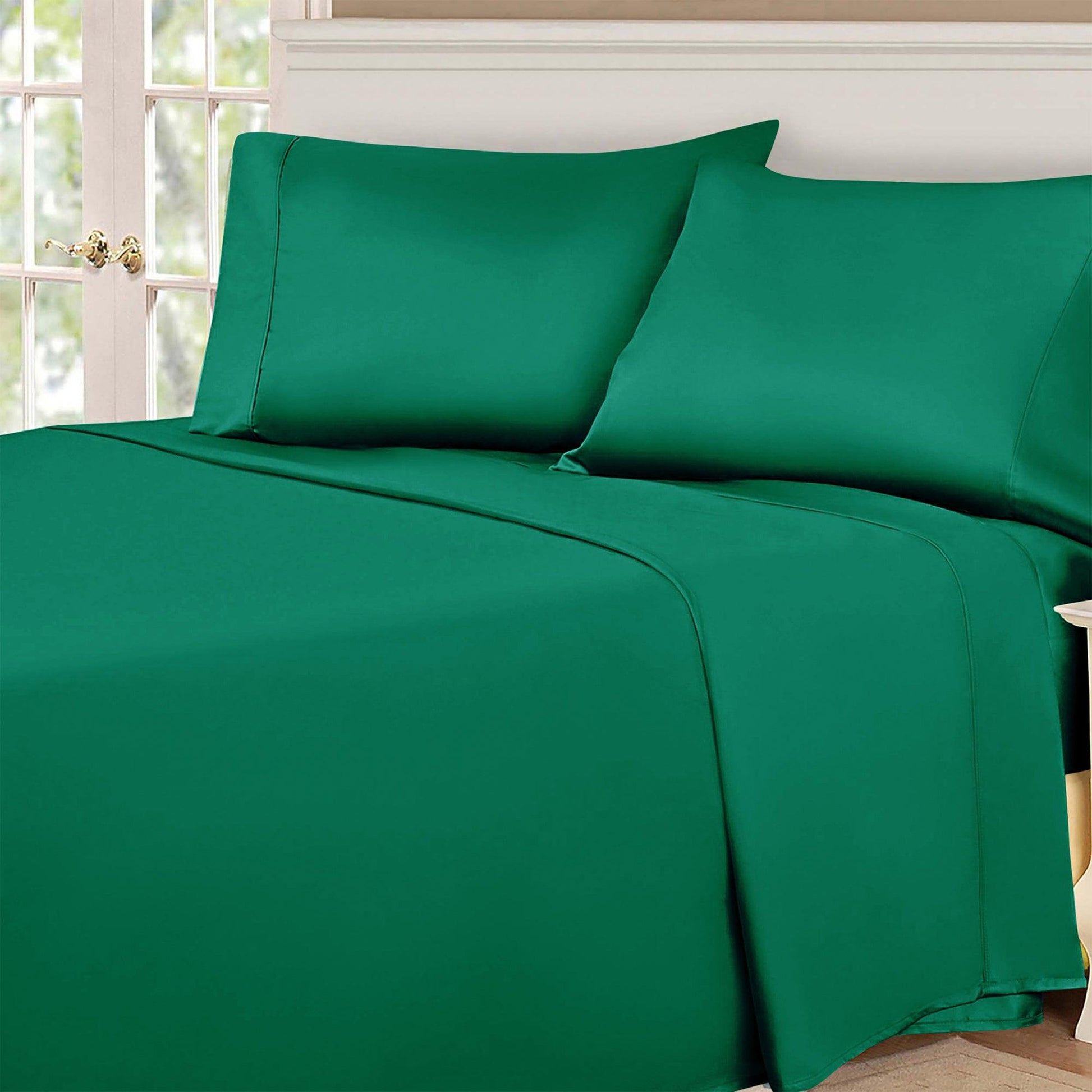 Green 530 Thread Count Egyptian Cotton Sateen Bed Sheet Set displayed on a modern bed