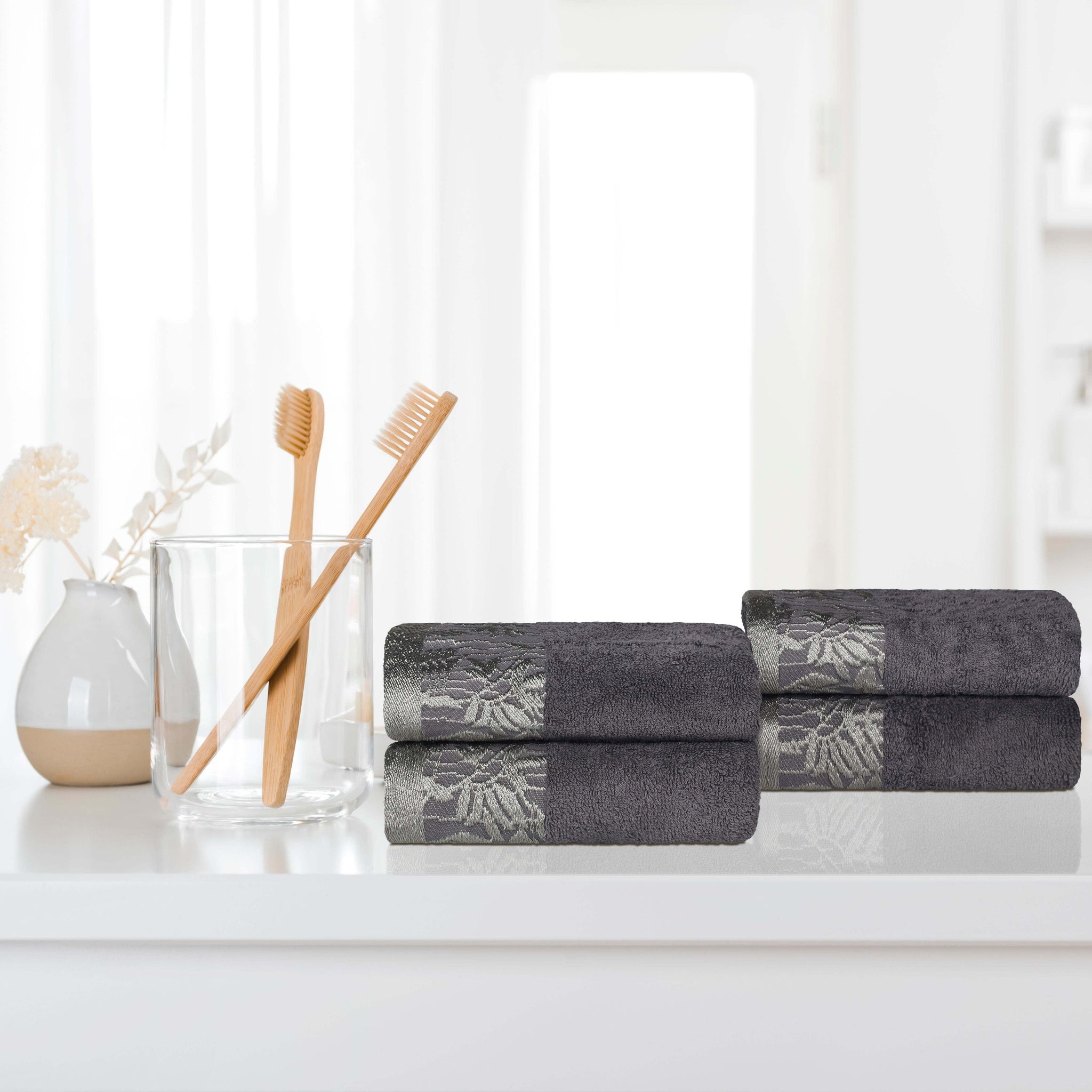 Wisteria Cotton Floral Jacquard Border Hand Towels, Set of 4