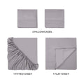 Grey 300 Thread Count Modal Sheets Set made from beechwood components overview showing pillowcases, fitted sheet, and flat sheet