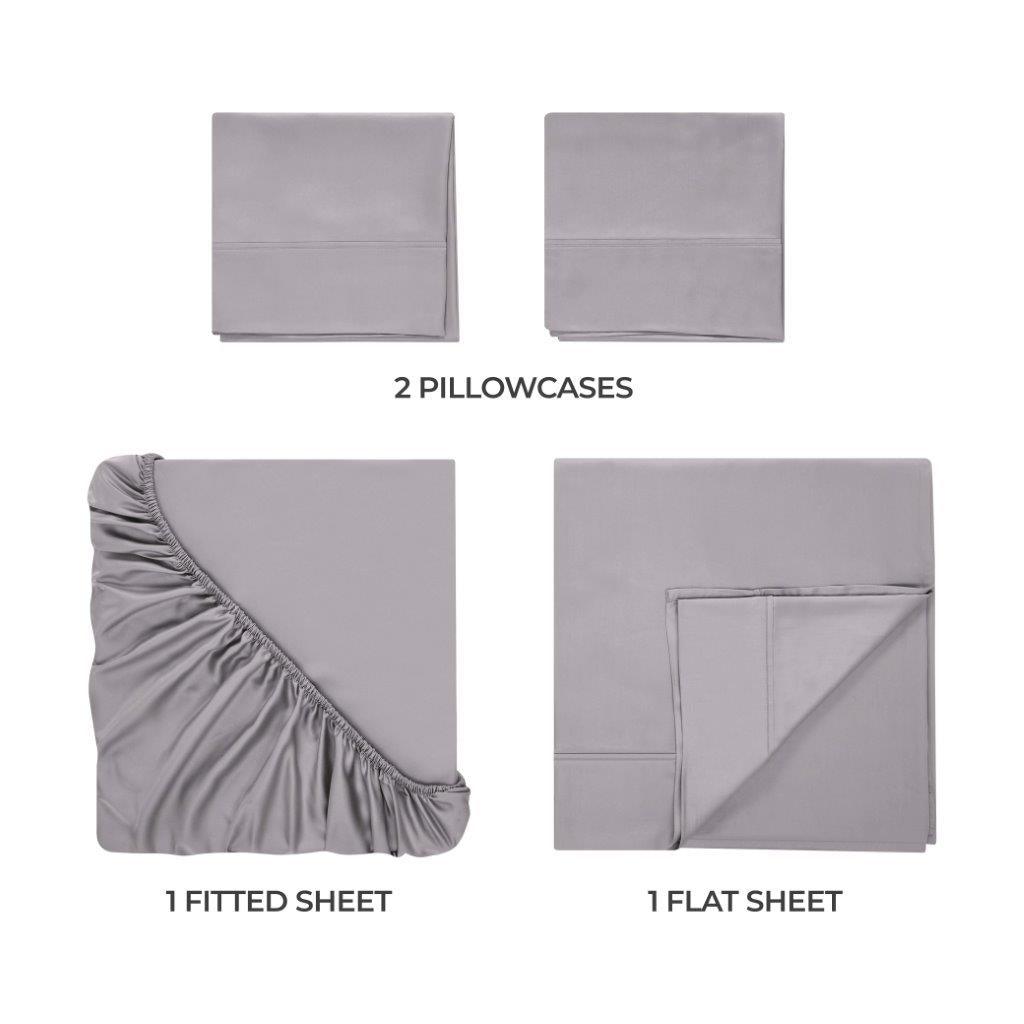 Grey 300 Thread Count Modal Sheets Set made from beechwood components overview showing pillowcases, fitted sheet, and flat sheet
