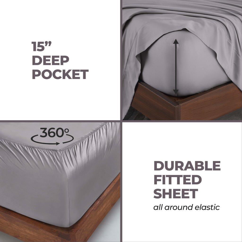 Grey 300 Thread Count Modal Sheets Set made from beechwood deep pocket and 360-degree elastic fitted sheet feature detail