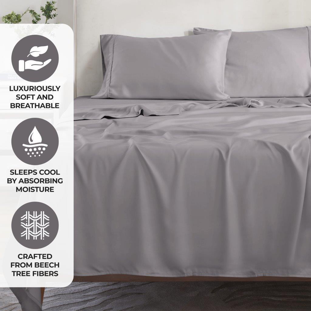 Grey 300 Thread Count Modal Sheets Set made from beechwood promotional feature graphic showcasing breathability, moisture absorption, and beechwood material