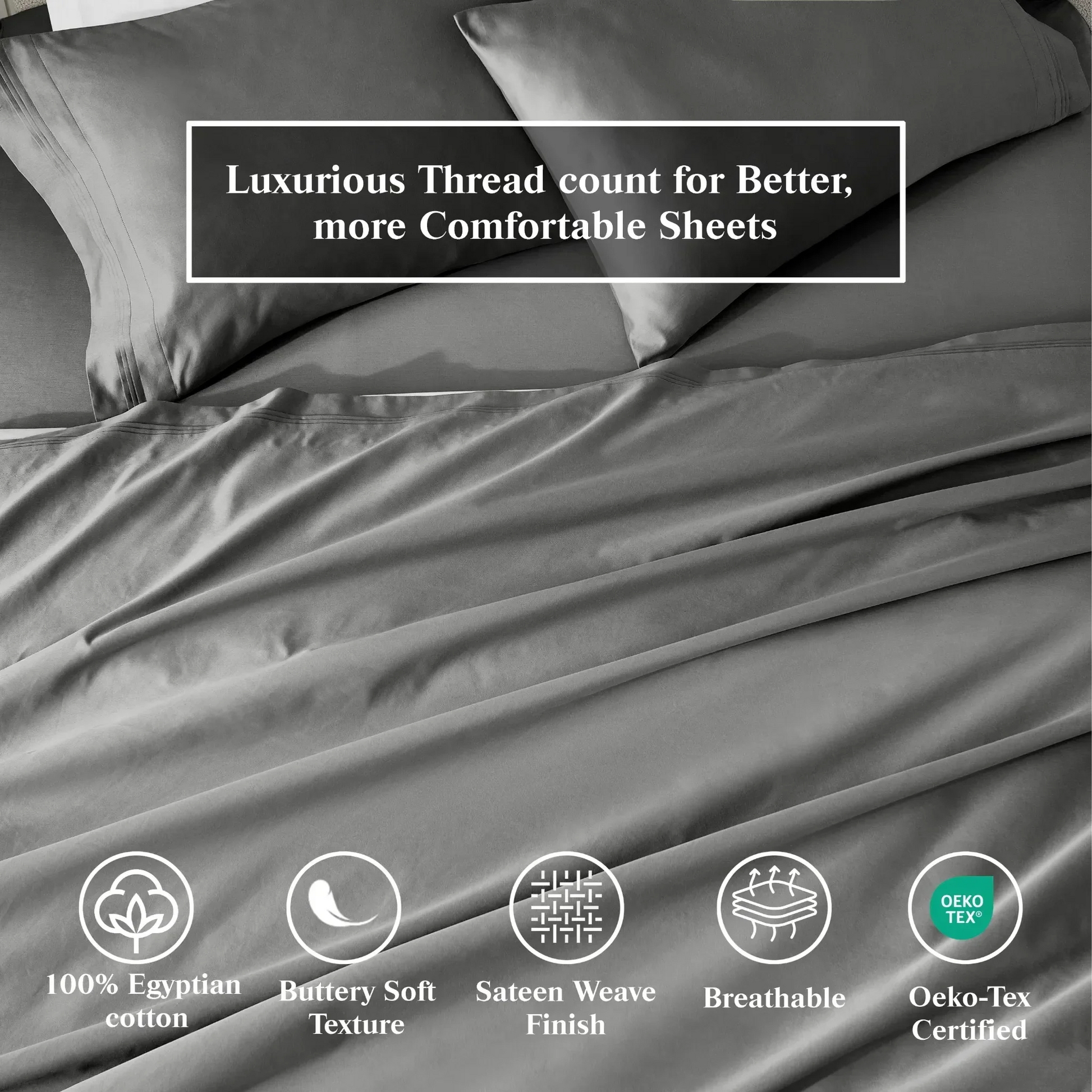 Grey Egyptian Cotton Sateen Sheet Set infographic showing product benefits and Oeko-Tex certification