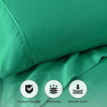 Hunter Green 800 Thread Count Cotton Blend Bed Sheet Set infographic highlighting strong, durable, breathable, and smooth touch features.