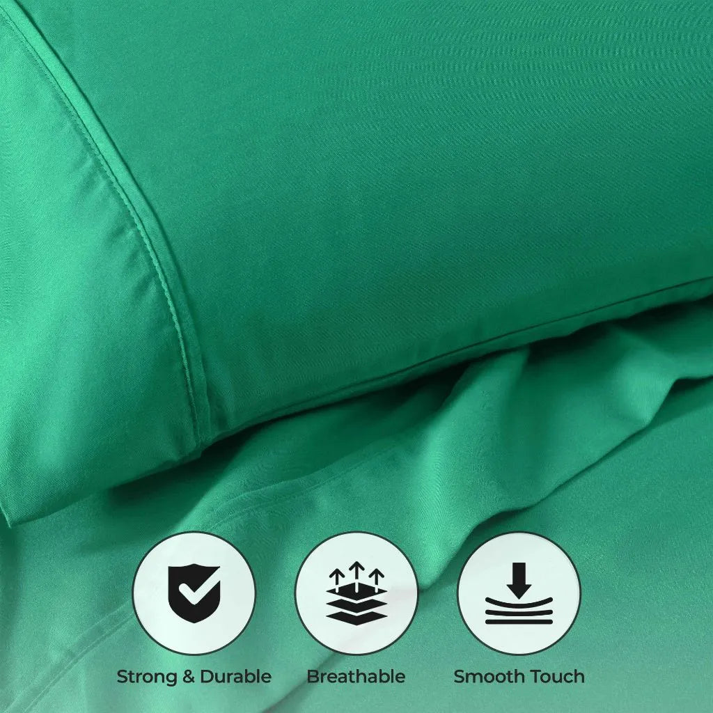 Hunter Green 800 Thread Count Cotton Blend Bed Sheet Set infographic highlighting strong, durable, breathable, and smooth touch features.