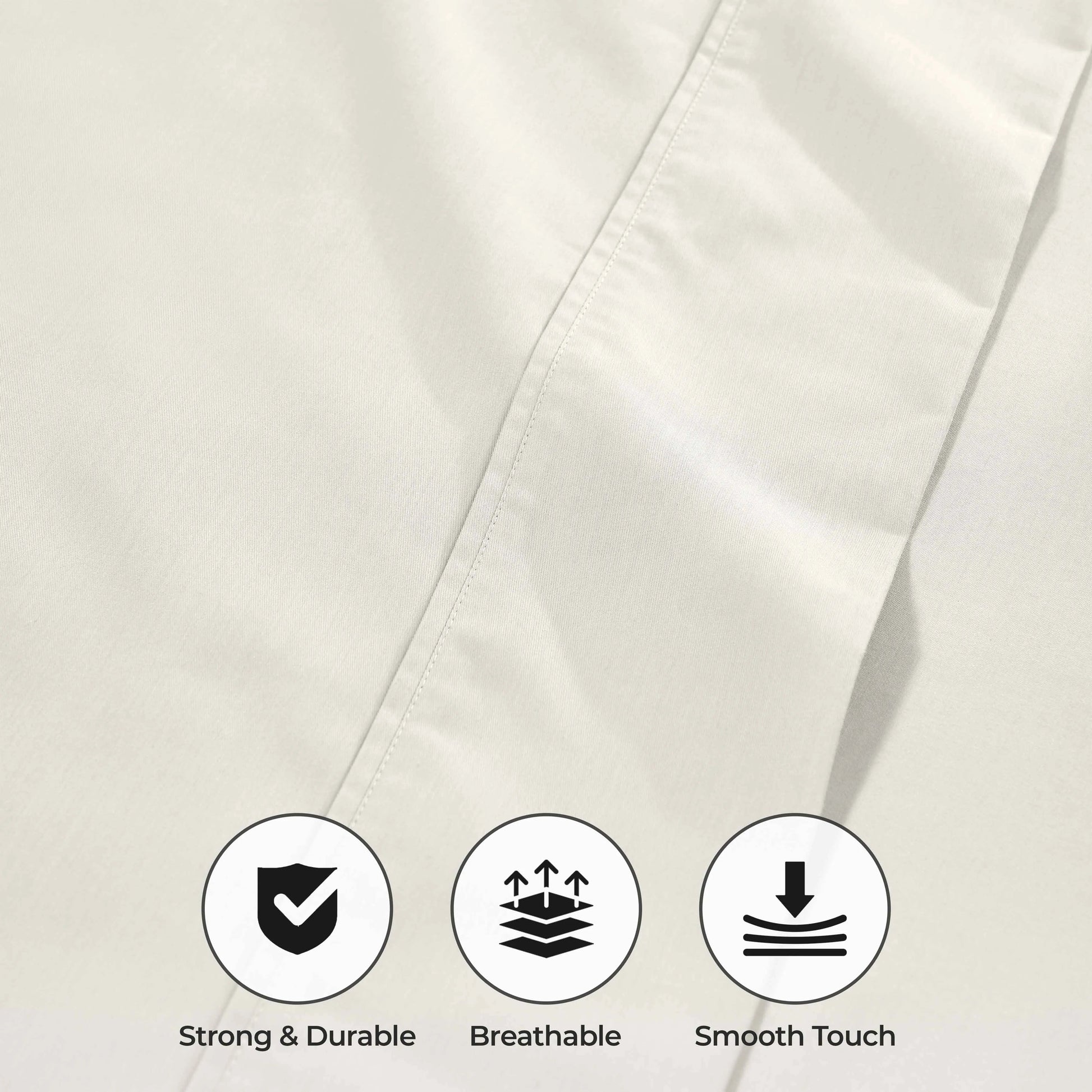 Ivory 1000 Thread Count Cotton Blend Sheets Set solid deep pocket fabric quality feature graphic highlighting durability, breathability, and smooth feel