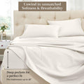 Ivory 1500 Thread Count Egyptian Cotton Sheets Set feature graphic highlighting softness, breathability, and deep pocket mattress fit up to 18 inches.