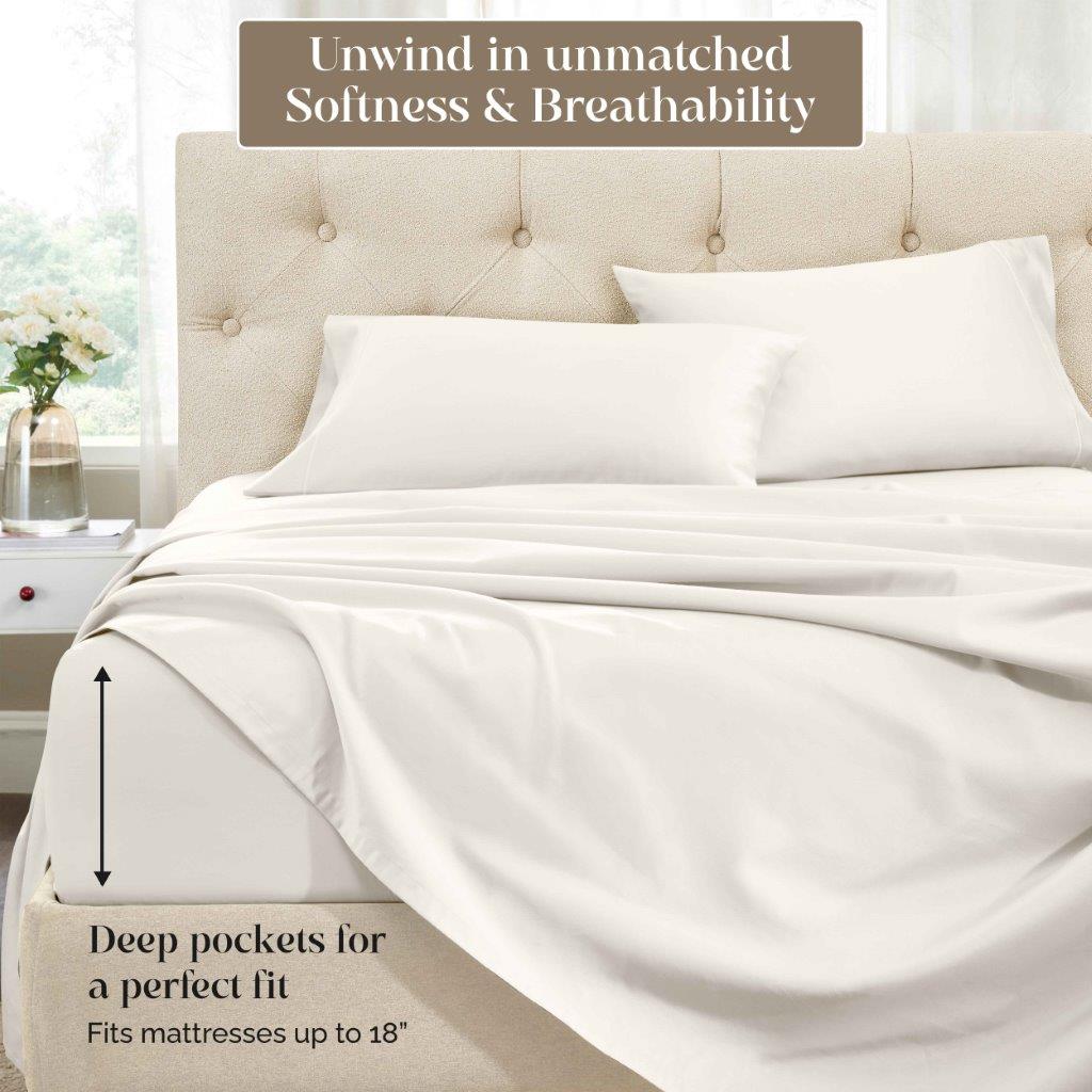 Ivory 1500 Thread Count Egyptian Cotton Sheets Set feature graphic highlighting softness, breathability, and deep pocket mattress fit up to 18 inches.