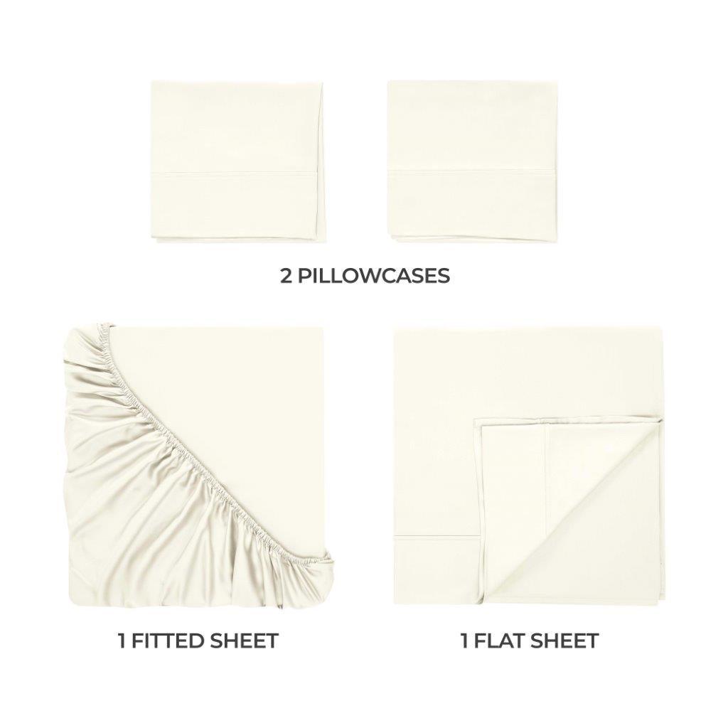 Ivory 300 Thread Count Modal Sheets Set made from beechwood components overview showing pillowcases, fitted sheet, and flat sheet
