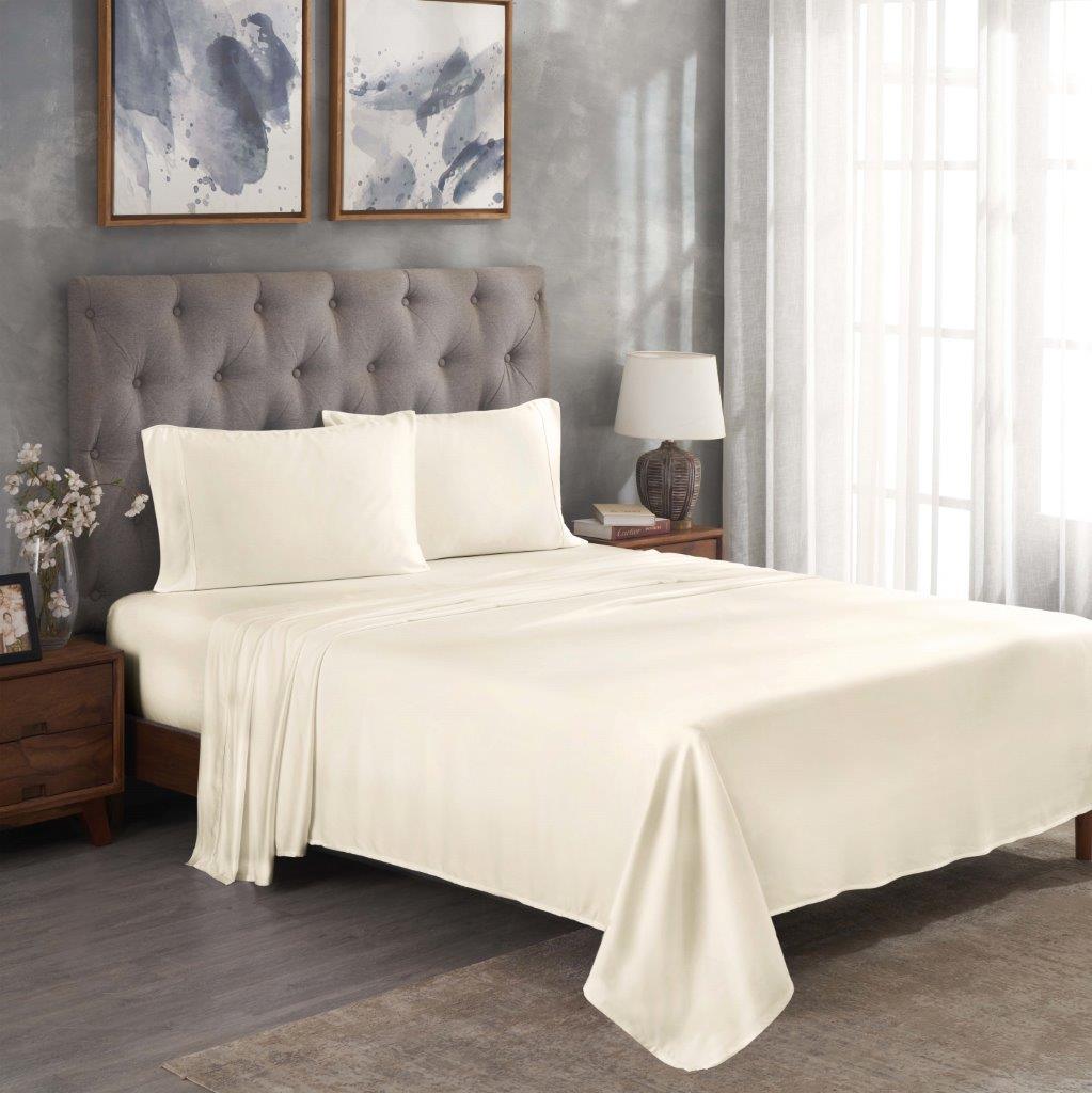 Ivory 300 Thread Count Modal Sheets Set made from beechwood displayed on a modern staged bed