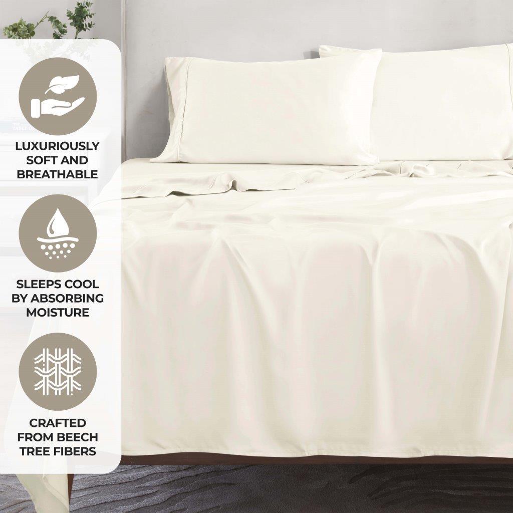 Ivory 300 Thread Count Modal Sheets Set made from beechwood promotional feature graphic showcasing breathability, moisture absorption, and beechwood material