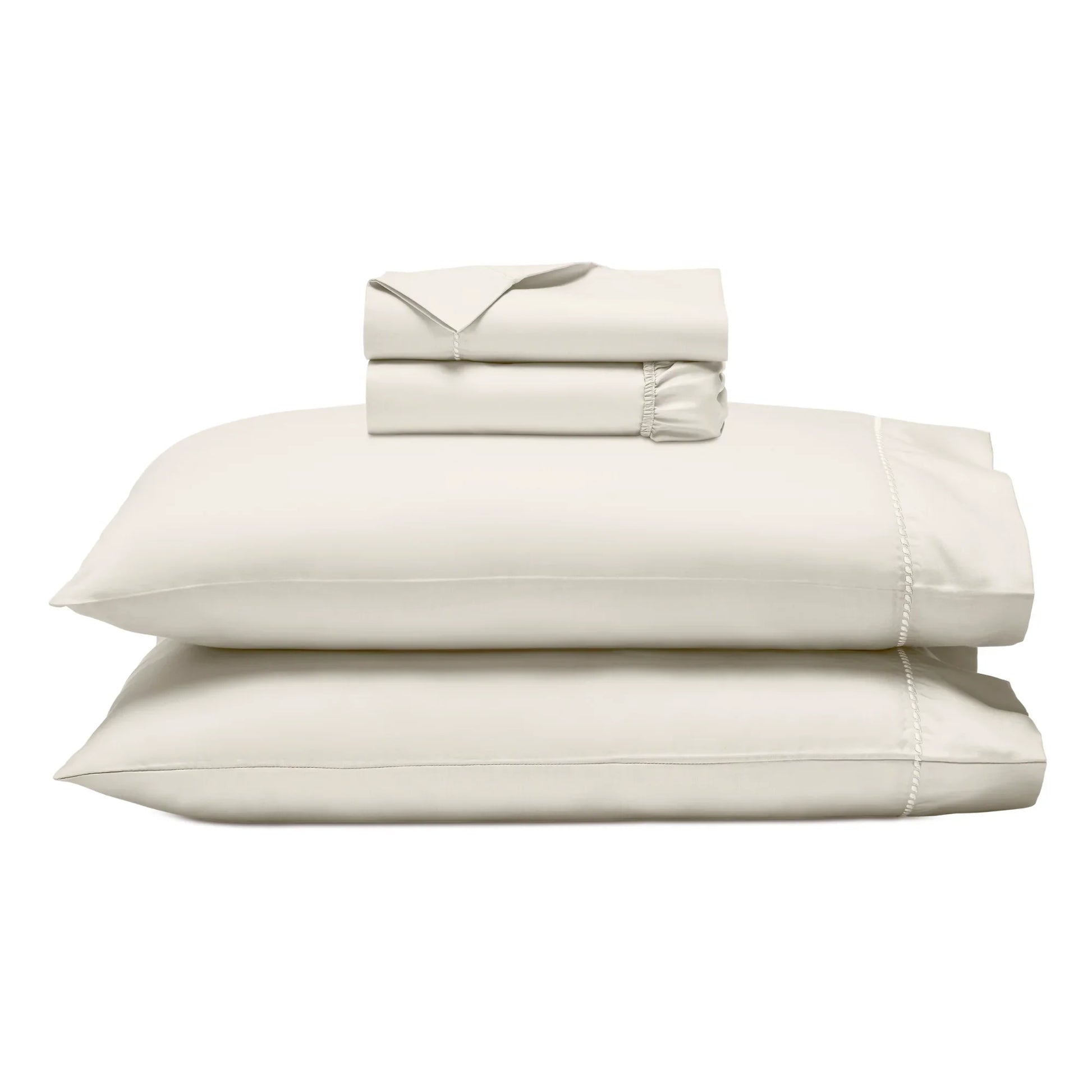 Ivory 600 Thread Count Cotton Blend Bed Sheet Set Imperia embroidered hem product layout stack.