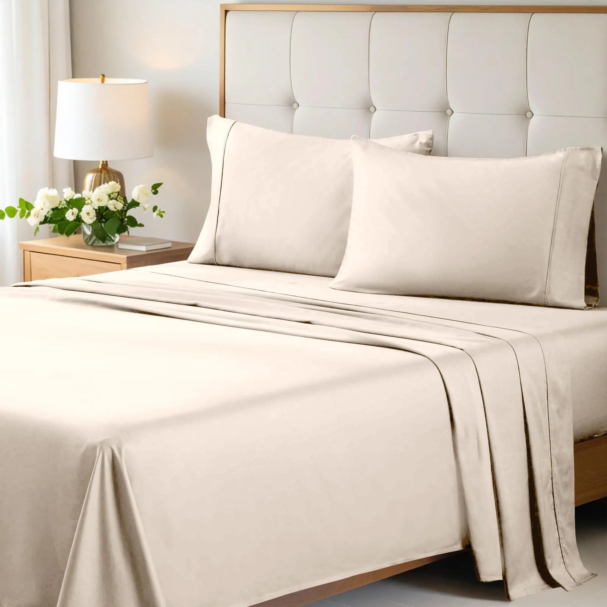 Ivory 700 Thread Count Egyptian Cotton Sateen Bed Sheet Set displayed on a modern bed