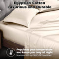 Ivory 700 Thread Count Egyptian Cotton Sateen Bed Sheet Set promotional lifestyle image with features