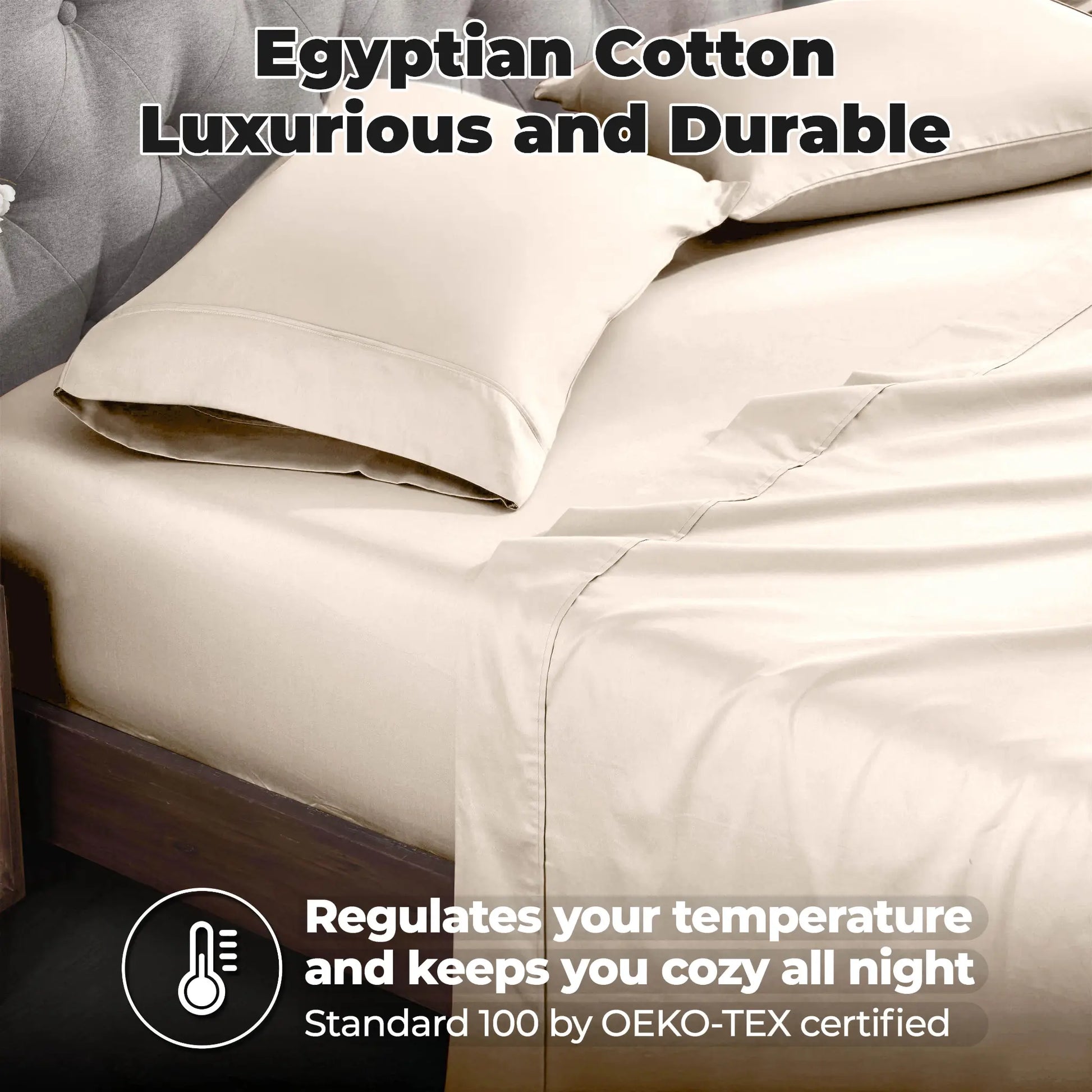 Ivory 700 Thread Count Egyptian Cotton Sateen Bed Sheet Set promotional lifestyle image with features