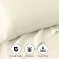 Ivory 800 Thread Count Cotton Blend Bed Sheet Set infographic highlighting strong, durable, breathable, and smooth touch features.