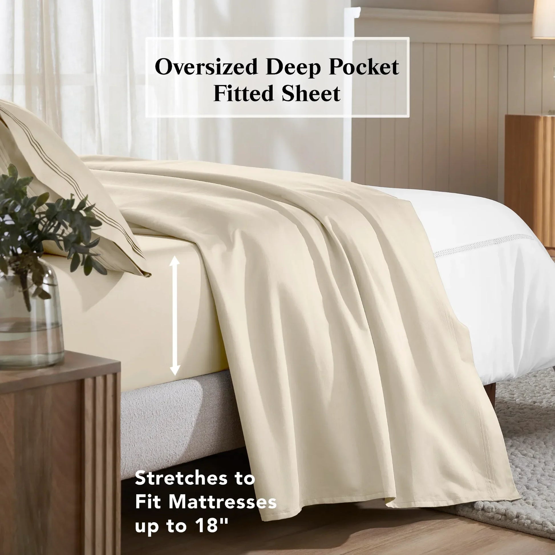 Ivory deep pocket fitted sheet showing an 18-inch mattress fit feature