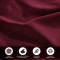Lifestyle and feature graphic showing burgundy 700 Thread Count Egyptian Cotton Sateen fabric texture and quality highlights
