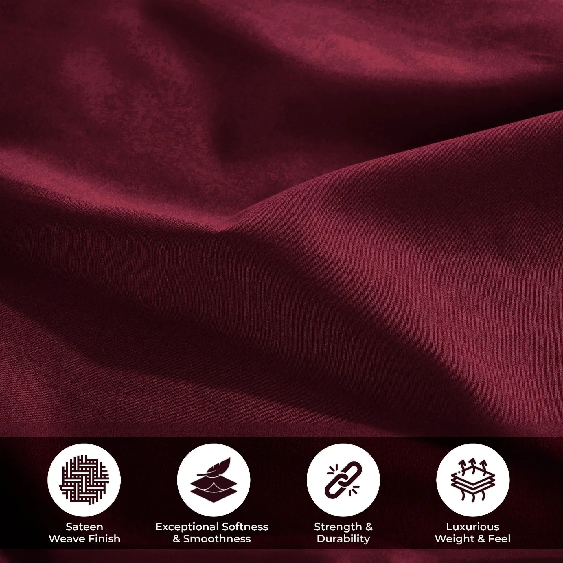 Lifestyle and feature graphic showing burgundy 700 Thread Count Egyptian Cotton Sateen fabric texture and quality highlights