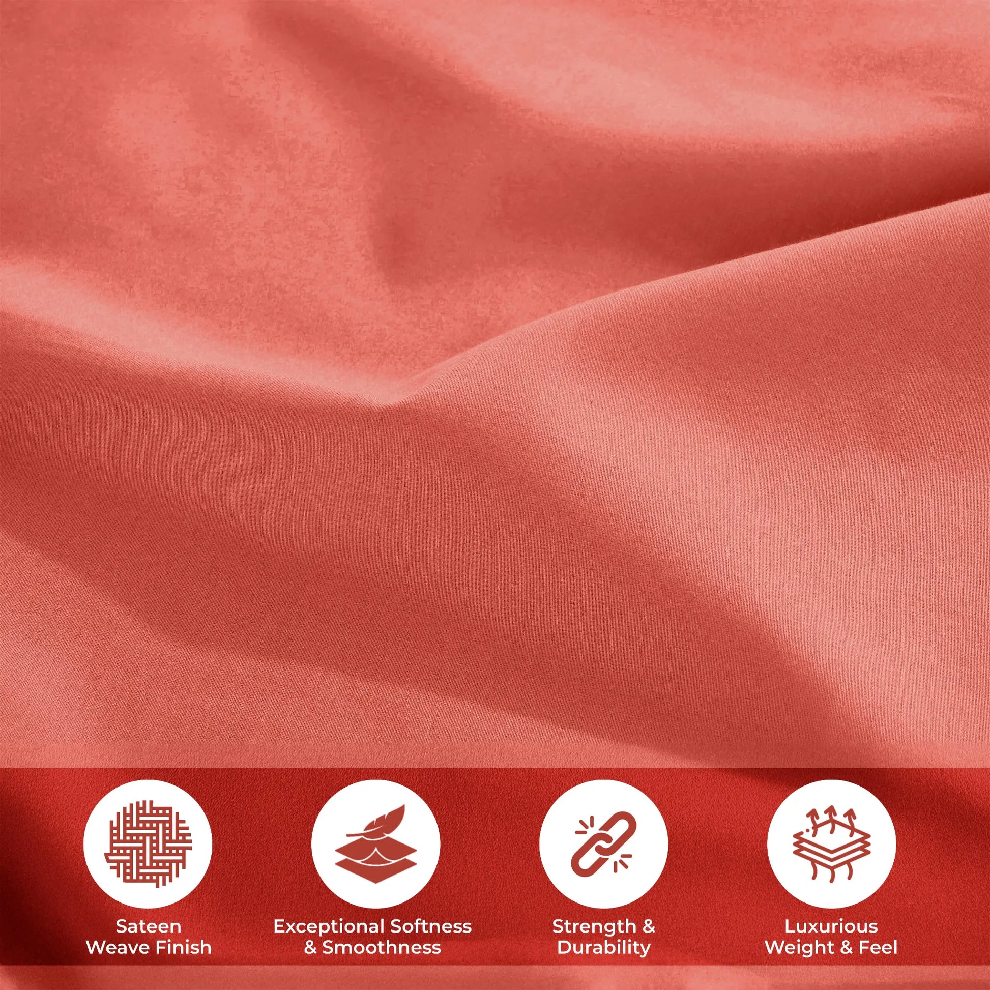 Lifestyle and feature graphic showing coral 700 Thread Count Egyptian Cotton Sateen fabric texture and quality highlights